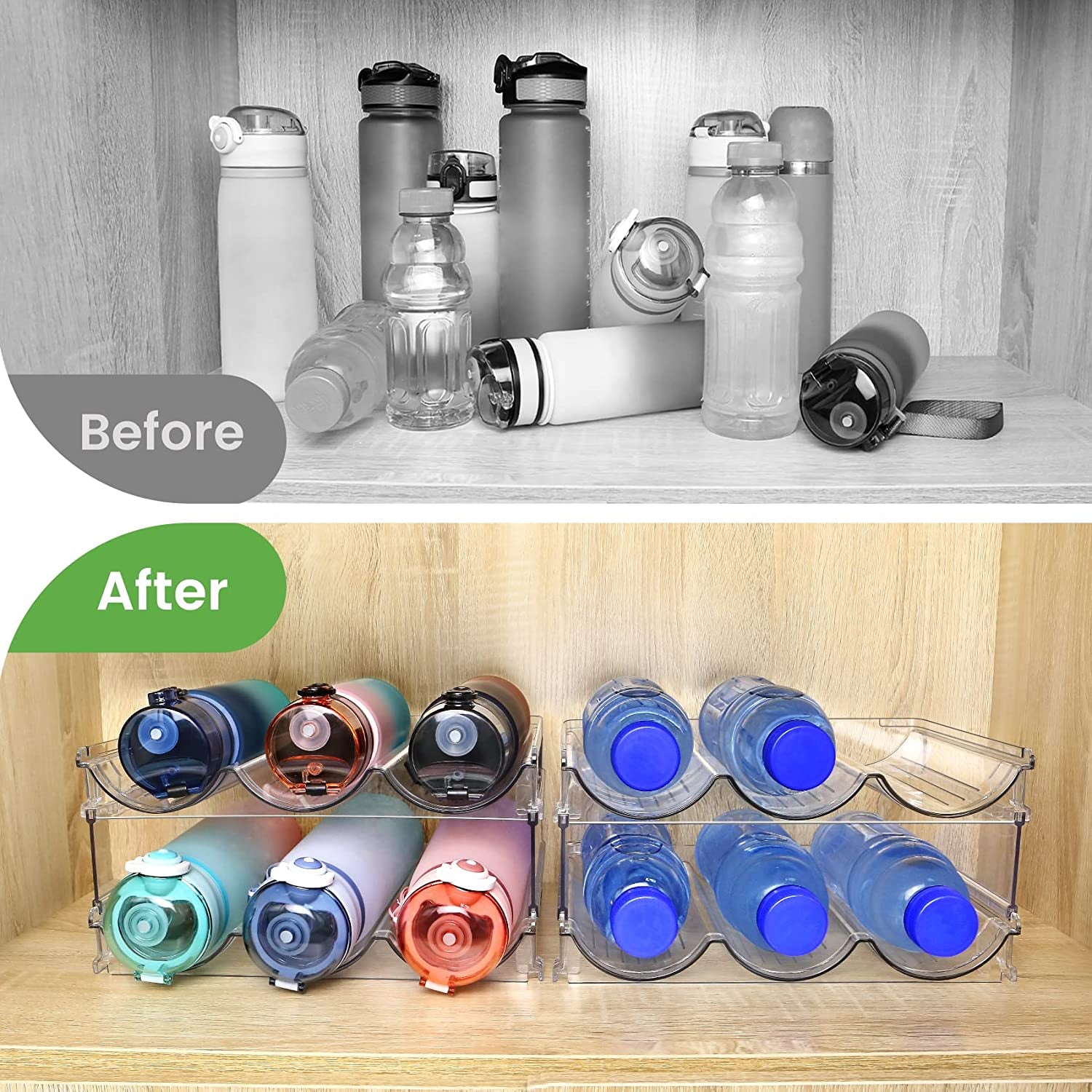 Water Bottle Organizer for Cabinet, Water Bottle Storage Organizer, 2 Packs Water Bottle Storage Rack, Water Bottle Holder for Cabinet, Stackable Water Bottle Storage Rack | 2 Packs Tumbler Organizer, Water Bottle Holder for Cabiner, Fridge, Kitchen, Desktop, Pantry