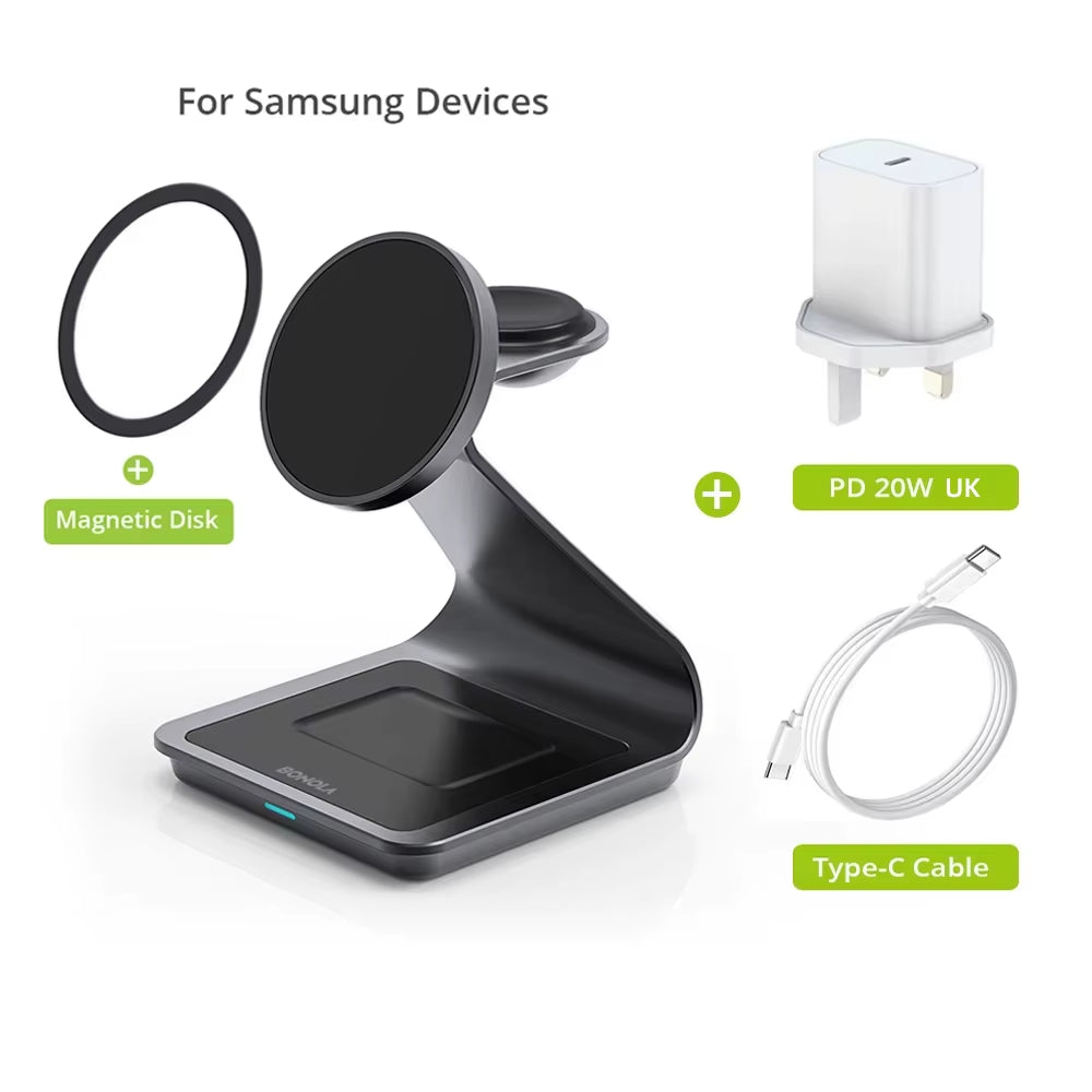 Magnetic 3 in 1 Wireless Charger Station for Samsung S24 Ultra/S25/26 Fast Charging Stand for Galaxy Watch 8/7/6/Earbuds