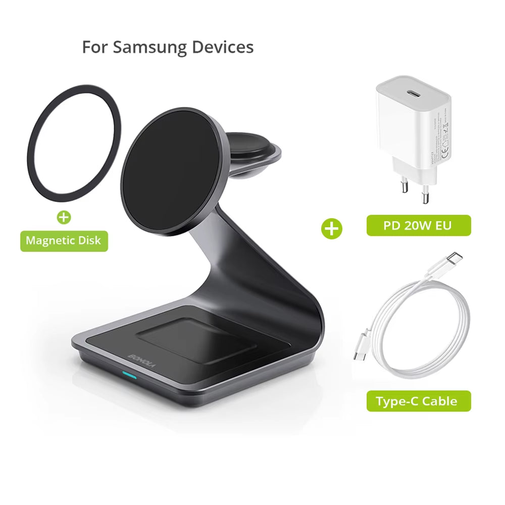 Magnetic 3 in 1 Wireless Charger Station for Samsung S24 Ultra/S25/26 Fast Charging Stand for Galaxy Watch 8/7/6/Earbuds