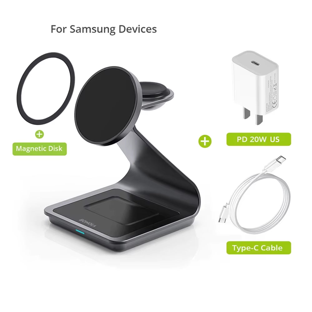 Magnetic 3 in 1 Wireless Charger Station for Samsung S24 Ultra/S25/26 Fast Charging Stand for Galaxy Watch 8/7/6/Earbuds